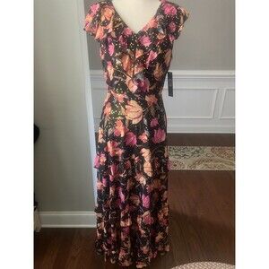 Tahari ASL Ruffled Maxi Dress Black/Gold Viola Print Sz 4 NWT